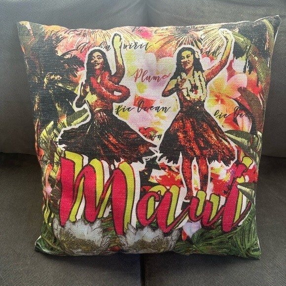 Maui Vintage Hawaii Hula Dancers Accent Square Pillow Cover Case Tropical Decor - Picture 2 of 5